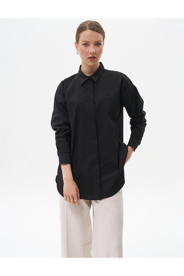 Gömlek Yaka Basic Poplin Tunik Siyah - 4