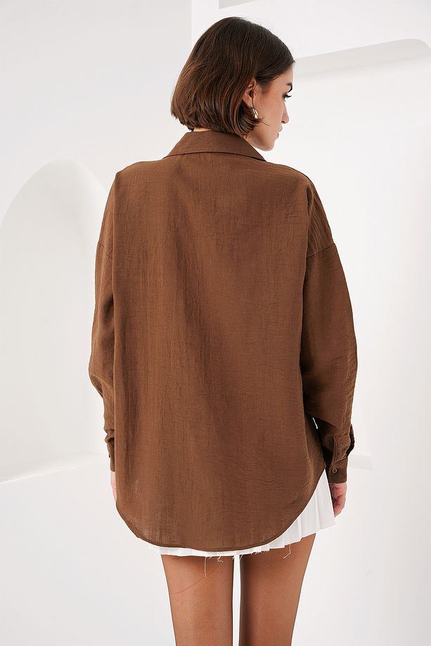 20153 Tek Cepli Oversize Keten Gömlek - A.Kahve - 6