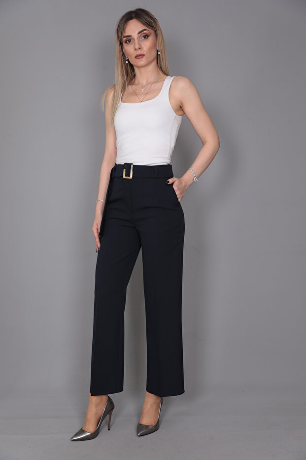 Short Wide Leg Trousers-navy blue