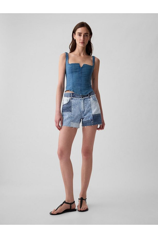 Kadın Mavi 4" Low Rise Stride Patchwork Denim Şort - 1
