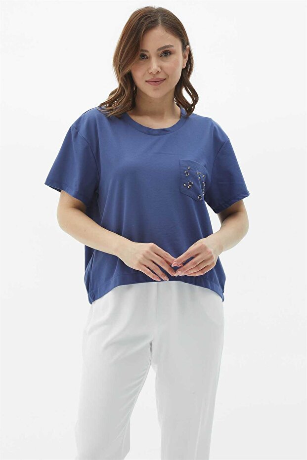 Cep Detaylı Bluz Indigo - 1