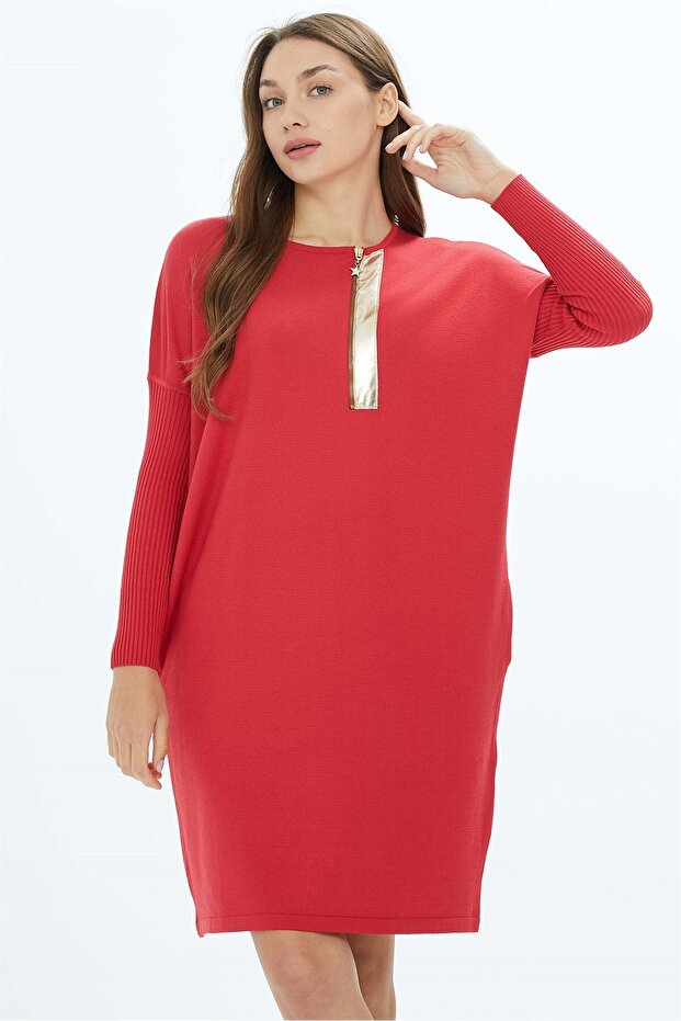 Deri Detaylı Triko Tunik Domates - 1