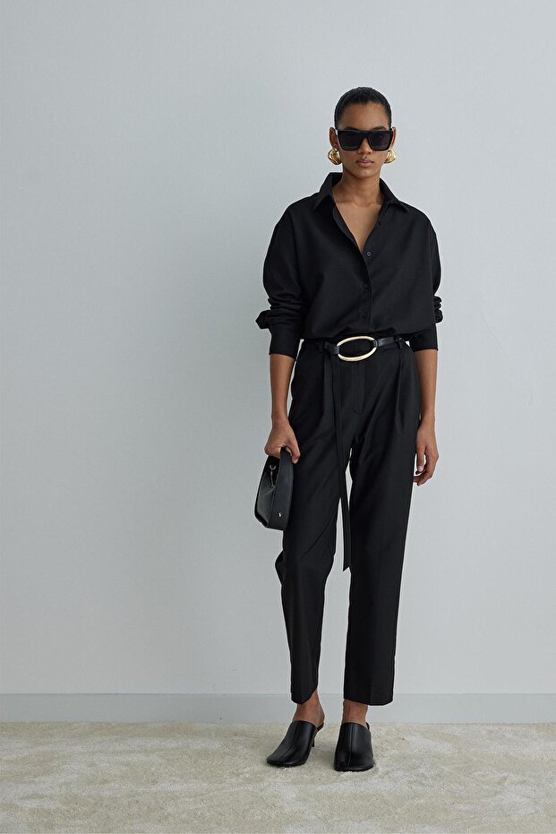 Siyah Jil Pamuklu Basic Gömlek - 7