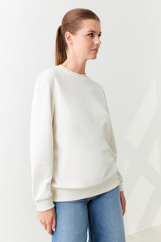 Ekru Basic Bisiklet Yaka Uzun Kollu Sweatshirt - 6