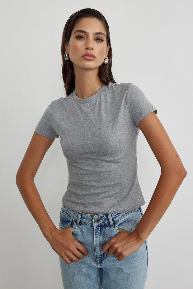 Gri Basic Pamuklu Slim Fit Tişört - 7