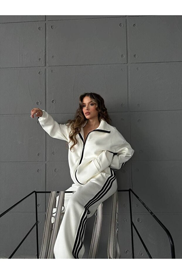 Oversized Striped Detail Cardigan Tracksuit Set