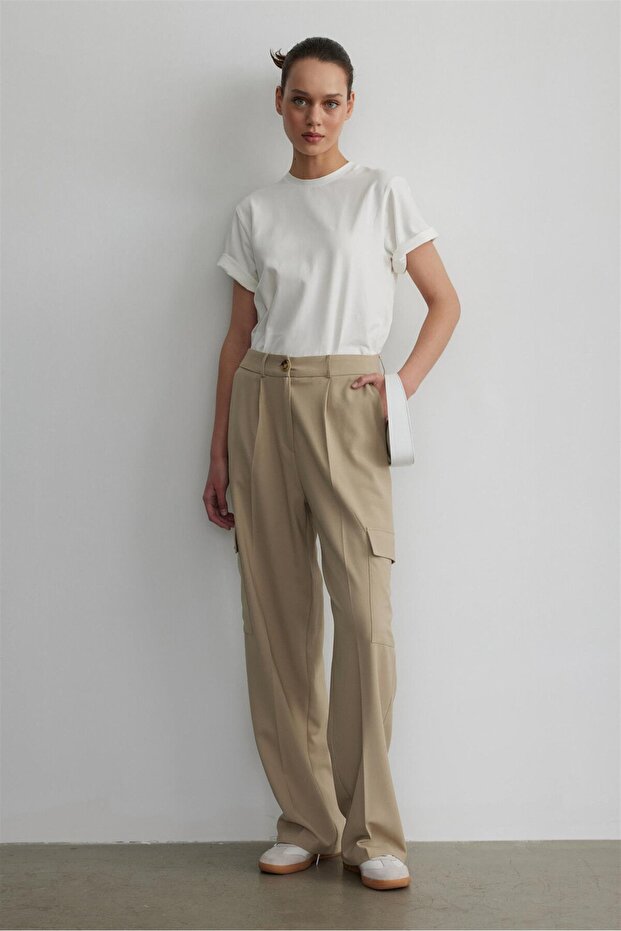 Ekru Pamuklu Basic Tişört - 7