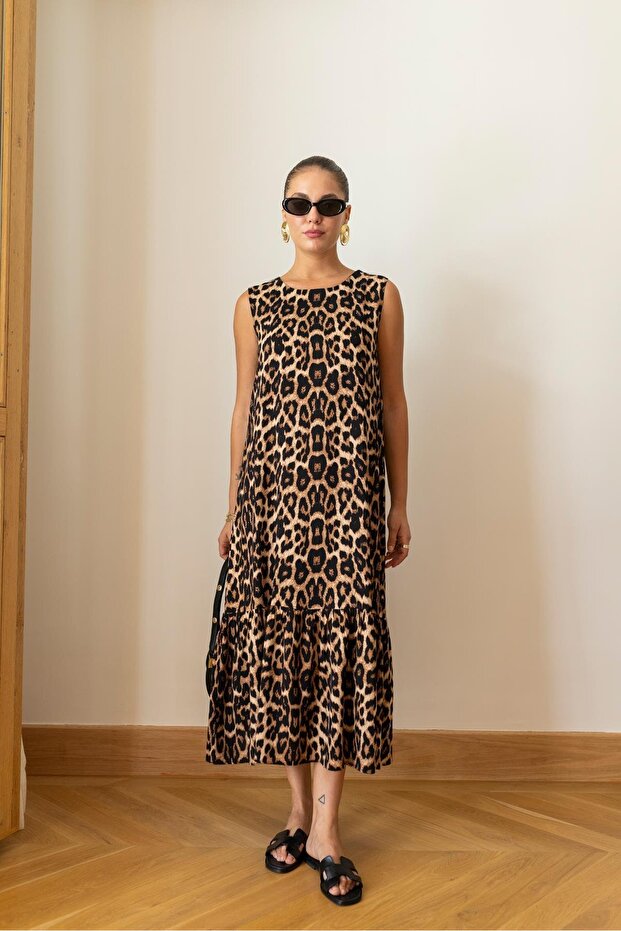 Camel Leopard Patterned Crew Neck Dress with Bottom Hem Detail