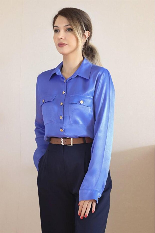 Kadın Mavi Premium Saten Gömlek - 2