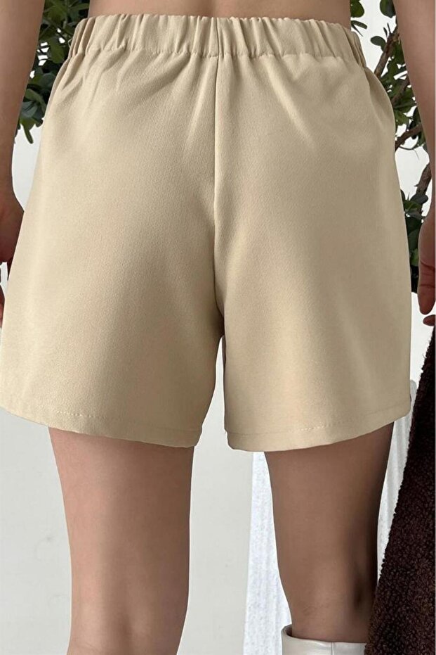 Kadın Bel Lastikli Bej Mini Şort - 2