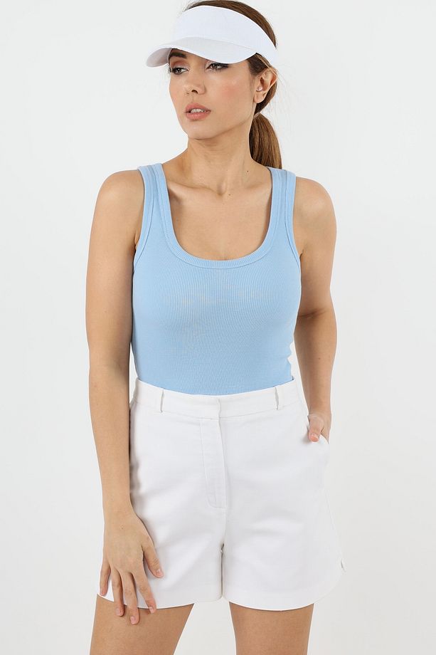 Kadın Cotton Premium Doku Mavi Pamuklu Basic Fitilli Atlet - 2