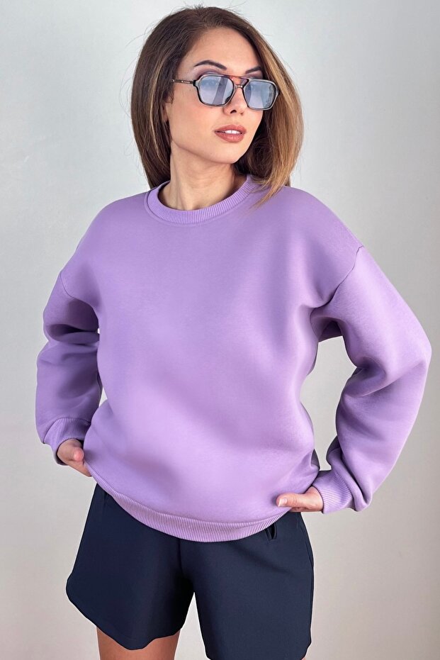 Kadın Cozy İçi Polarlı Mor Basic Bisiklet Yaka Pamuklu Kalın Örme Sweatshirt - 3