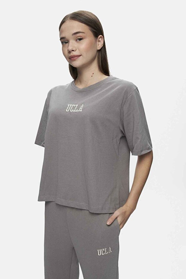 Manuela Gray Glitter Embroidered Crew Neck 100% Cotton Loose Fit Women's Tshirt