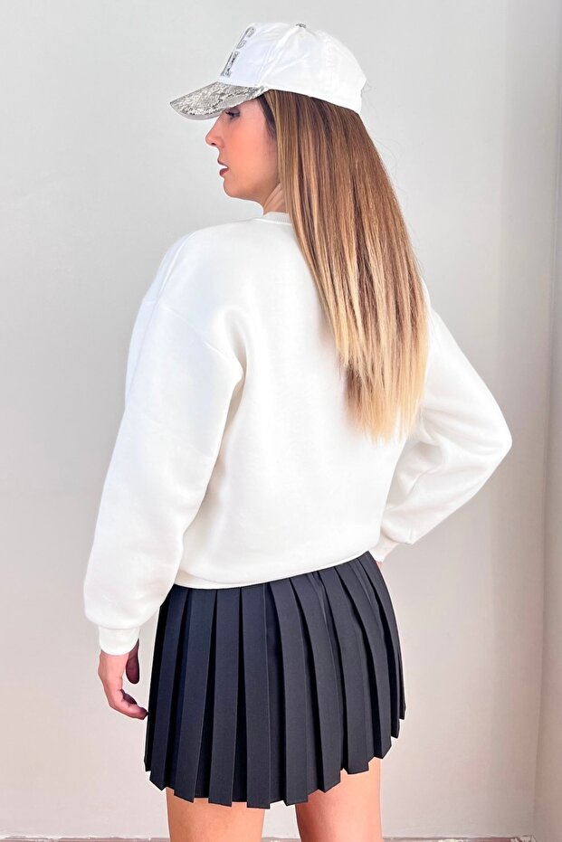 Kadın Cozy İçi Polarlı Ekru Basic Bisiklet Yaka Pamuklu Kalın Örme Sweatshirt - 5