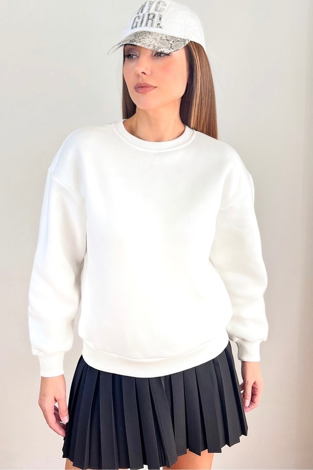 Kadın Cozy İçi Polarlı Ekru Basic Bisiklet Yaka Pamuklu Kalın Örme Sweatshirt - 7