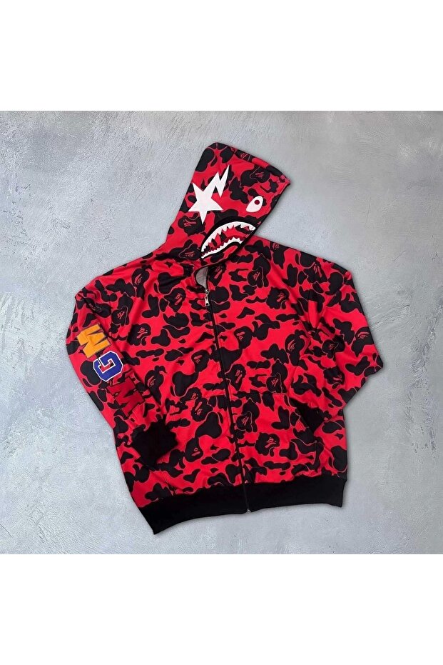 Unisex 2 Thread Bape Hood Zippered Cardigan - Red