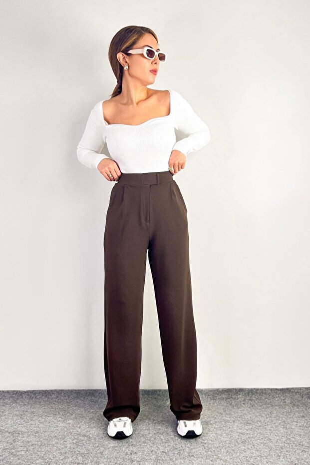 Line női Lycra tépőzáras barna Palazzo nadrág - 6