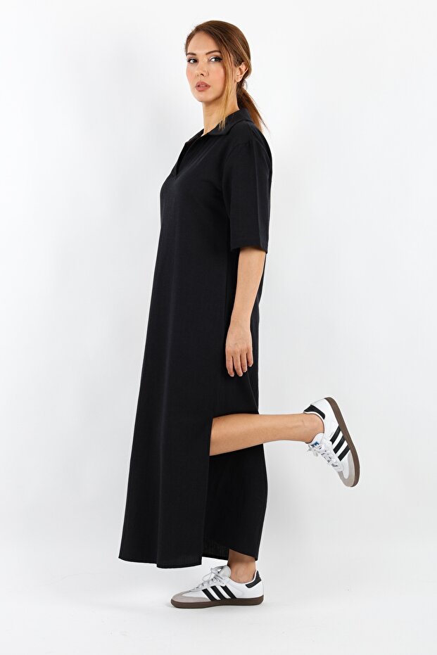 Kadın Basic Siyah Polo Yaka Yırtmaçlı Elbise - 2