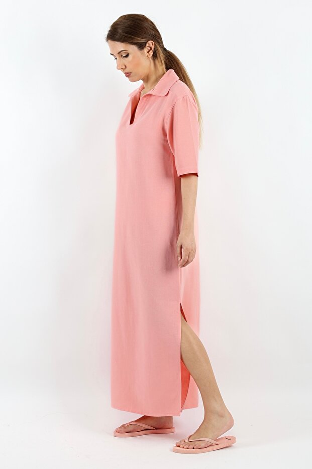 Kadın Basic Somon Polo Yaka Yırtmaçlı Elbise - 2