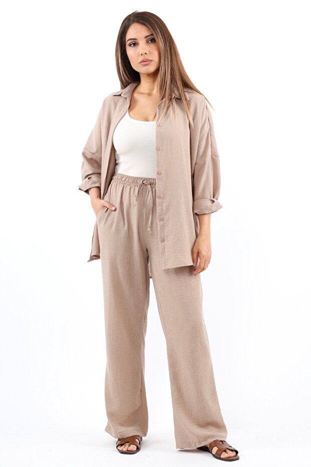 Women's Linen Comfy Beige Bottom Top Set