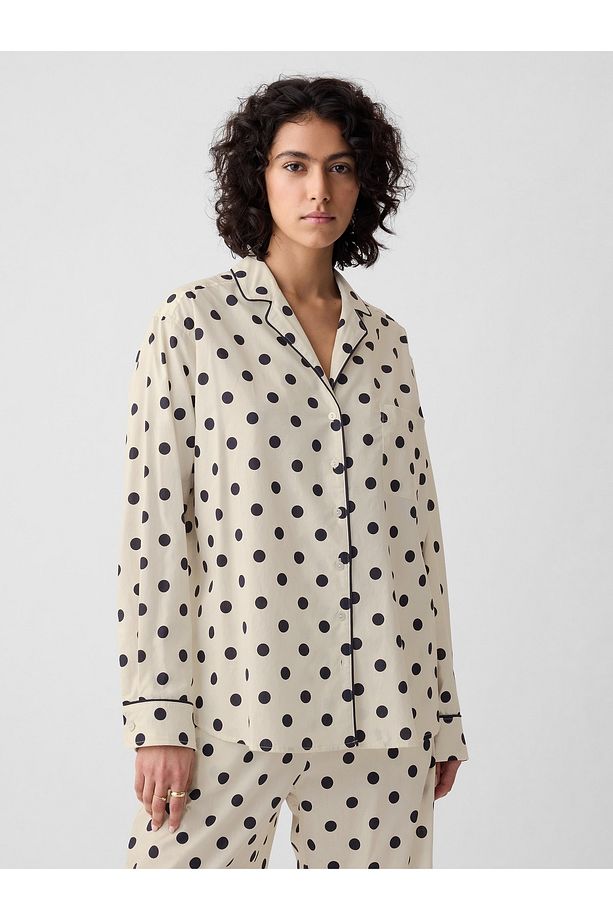 Kadın Bej Desenli Poplin Pijama Üstü - 1