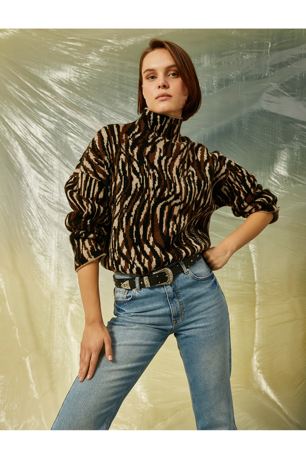 Women's Brown Patterned Sweater 3WAK90279HT