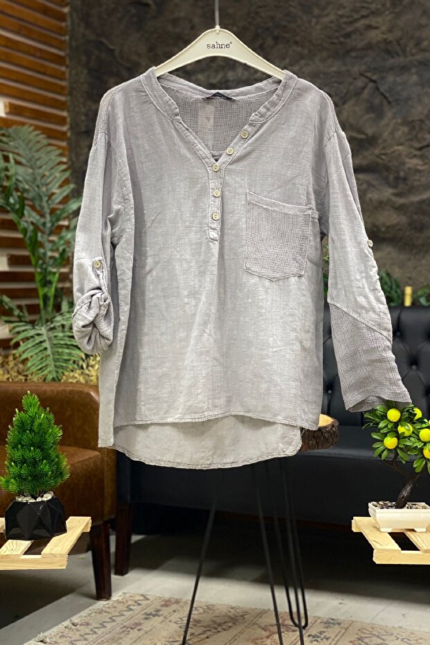 Judge Collar Linen Blouse with Pocket and Back Mesh Detail