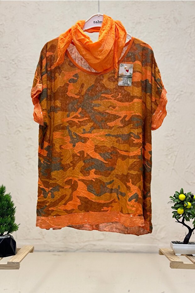 Casual Camouflage Patterned Blouse with Shawl