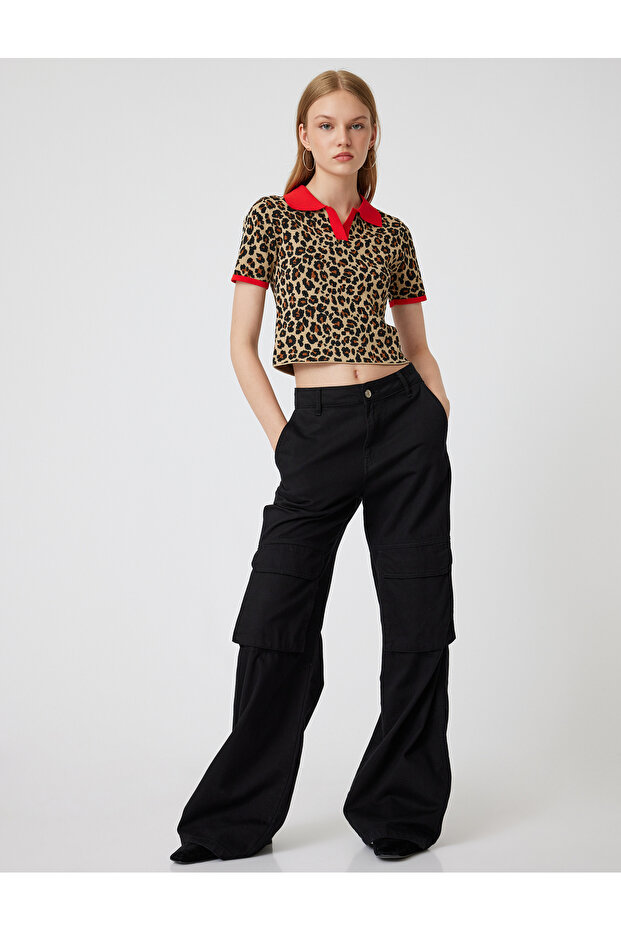 Polo Collar Sweater with Leopard Pattern and Short Sleeves