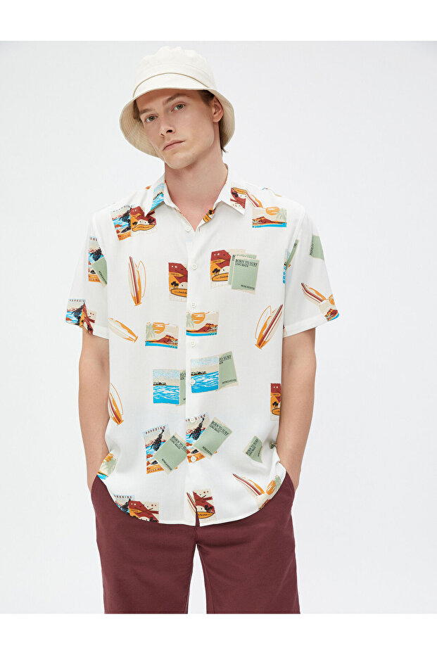 Short Sleeve Shirt Summer Themed Surf Detailed Classic Collar