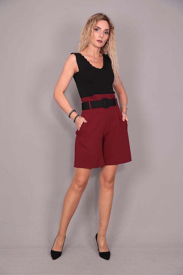 Kemerli Yüksek Bel Şort-Bordo - 5