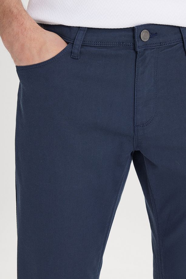Erkek Lacivert Slim Fit Dar Kesim 5 Cep Armürlü Esnek Pantolon - 4