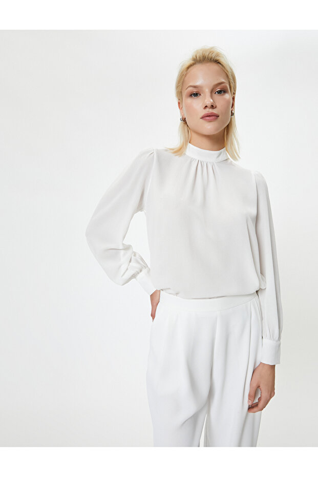Chiffon Blouse with Cuffs, High Collar, Long Sleeves and Draped Detail