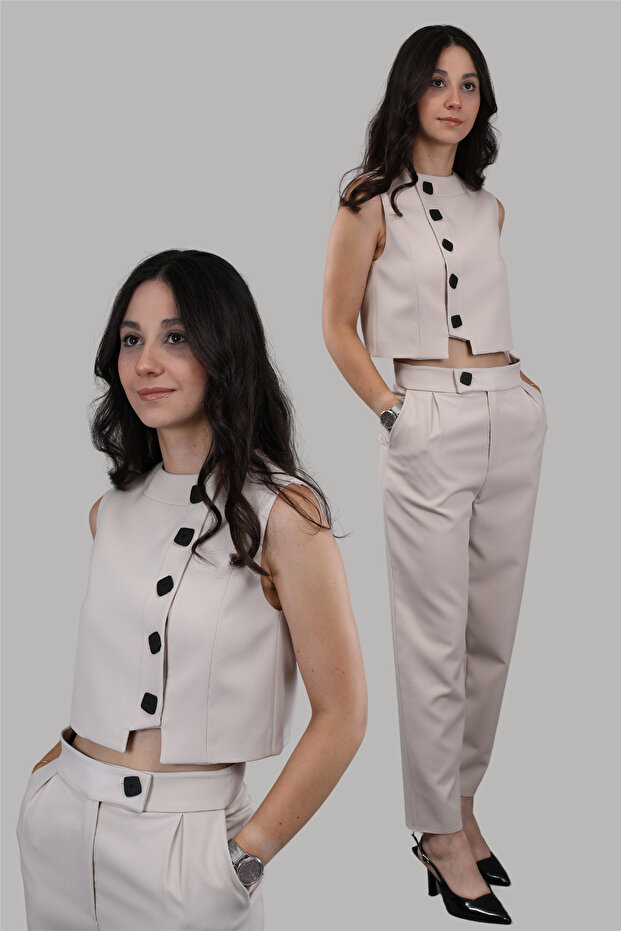 Buttoned Vest Suit-Beige - 1525533