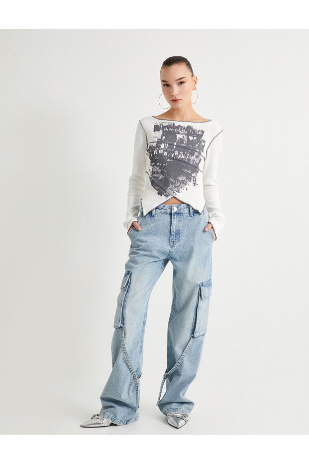 Asymmetric T-Shirt Long Sleeve Printed Round Neck Cotton