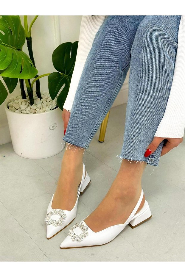 White Skin (Sasha) Stone Detail Women's Ballerinas