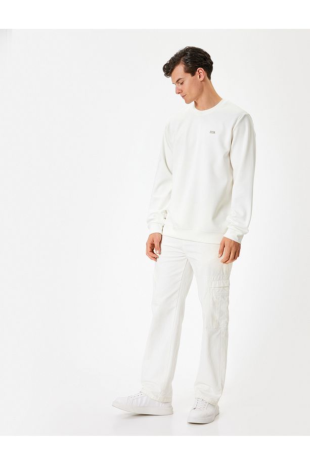 Bisiklet Yaka Sweatshirt Minimal Baskılı Basic Interlok Kumaş Pamuk Karışımlı - 2