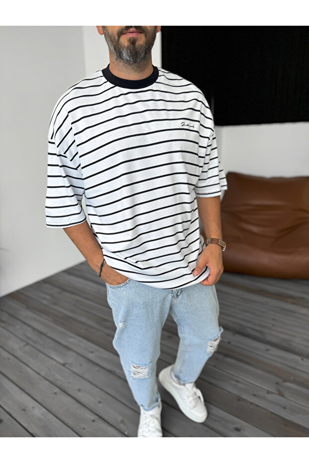 White Text Embroidered Striped T-Shirt Pm-133
