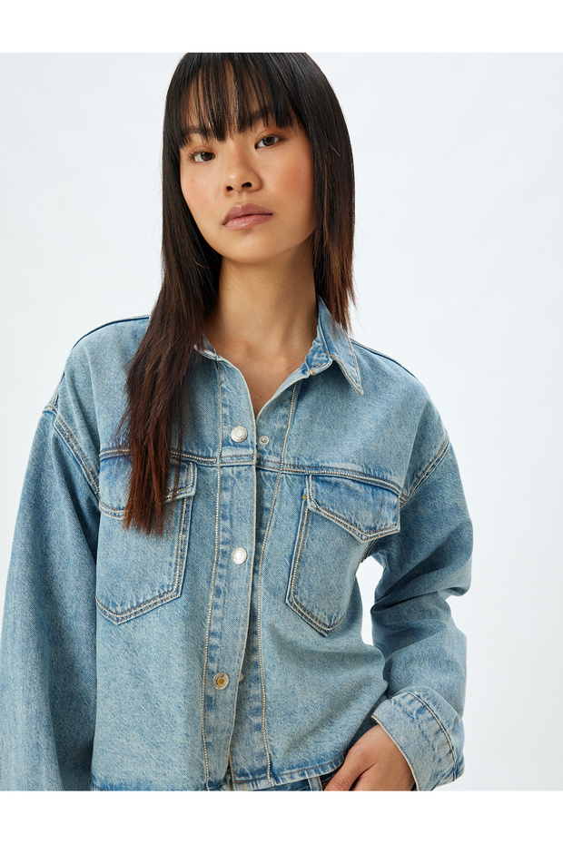 Oversize Denim Jacket Classic Collar Pocketed Buttoned Cotton