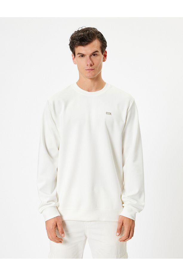 Bisiklet Yaka Sweatshirt Minimal Baskılı Basic Interlok Kumaş Pamuk Karışımlı - 3