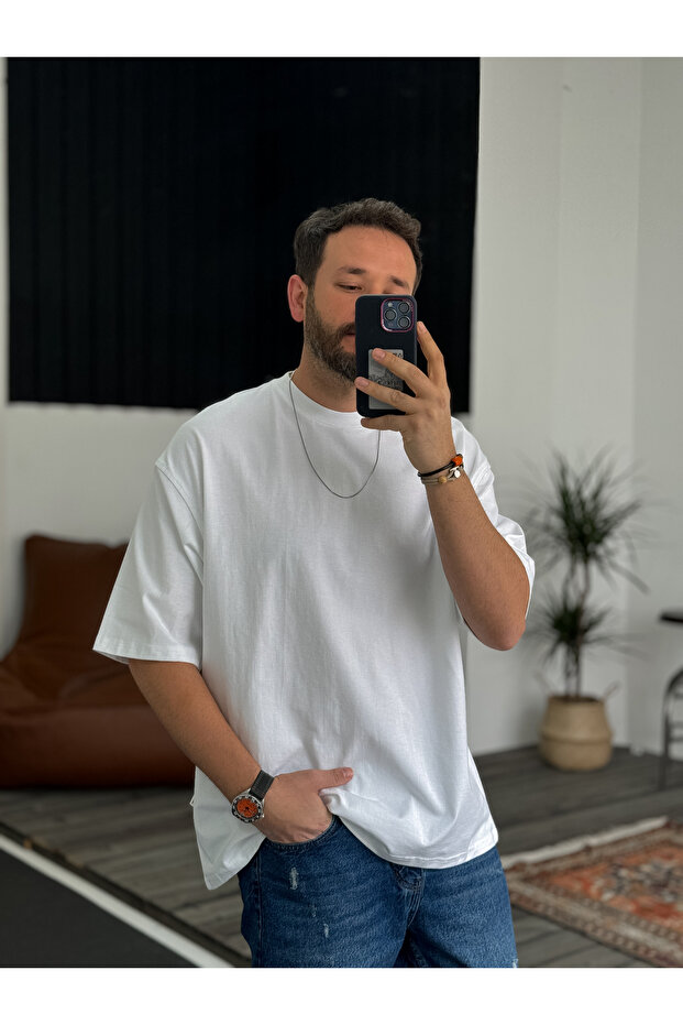 Beyaz Basic Oversize T-Shirt JJ-326 - 3