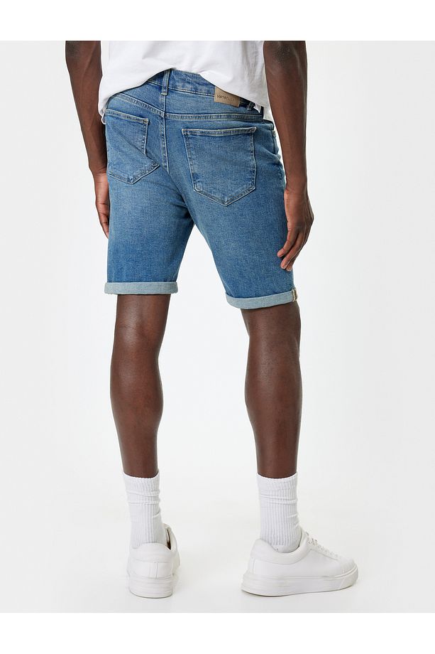 Slim Fit Kot Şort Bermuda Düğmeli Cep Detaylı - 4