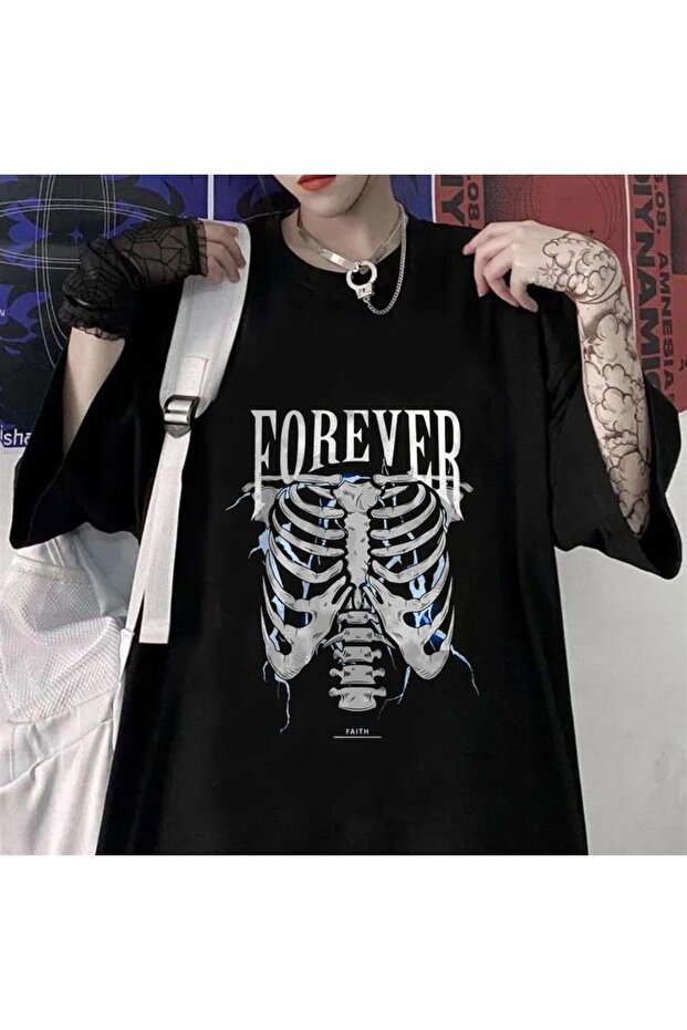 Worm Boutique Y2K Forever Rib Printed Black Unisex Oversize T-Shirt
