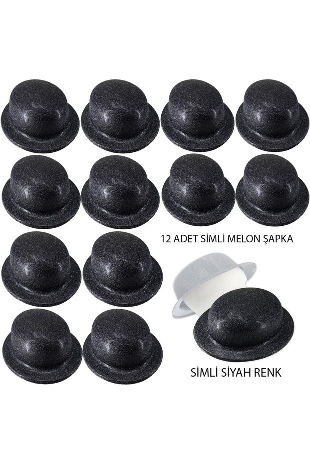 Black Color Glitter Bowler Round Party Hat 12 Pieces