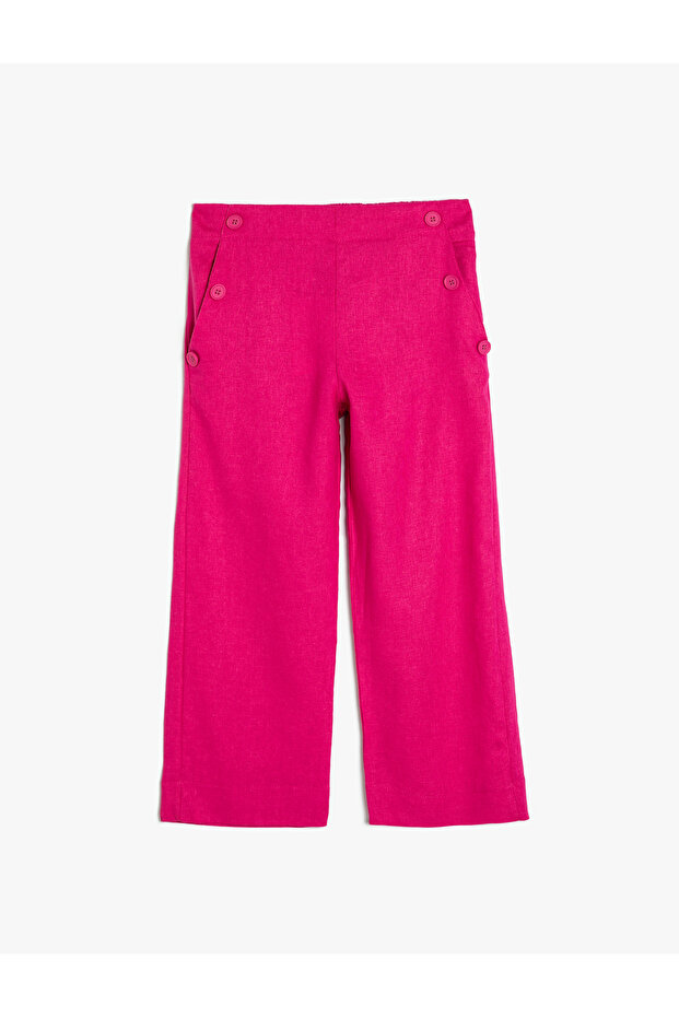 Linen Trousers with Wide Legs, Button Detail and Pockets