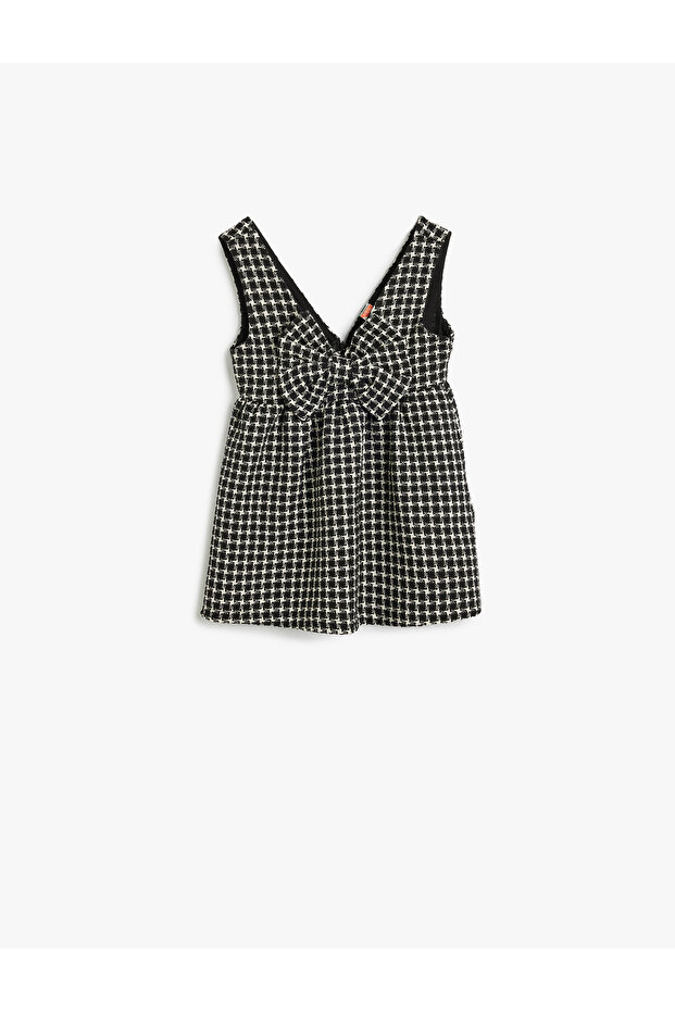 Tweed Dress with V-Neck and Bow Detail