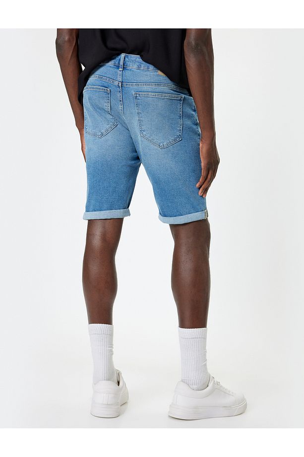 Slim Fit Kot Şort Bermuda Düğmeli Cep Detaylı - 4