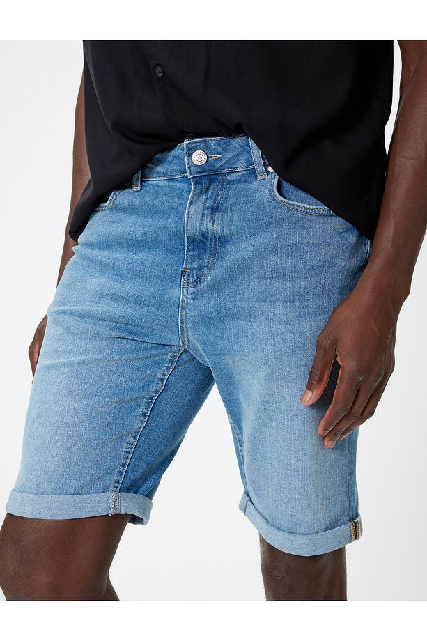 Slim Fit Kot Şort Bermuda Düğmeli Cep Detaylı - 5