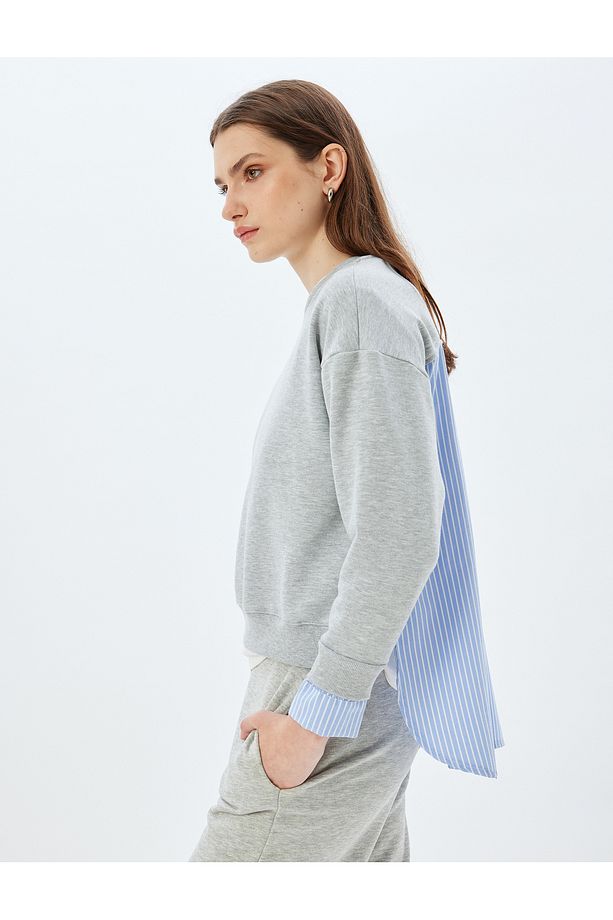 Oversize Sweatshirt İki Farklı Kumaş Kullanımlı Bisiklet Yaka Uzun Kollu - 1
