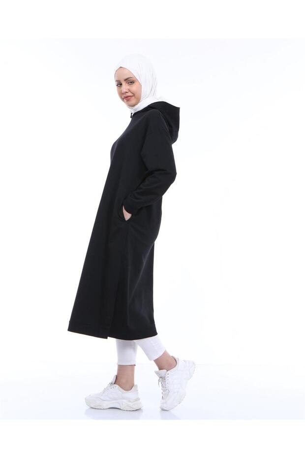 Atlas Kapşonlu Uzun Sade Basic Sweatshirt - 03007.003 - Siyah - 3